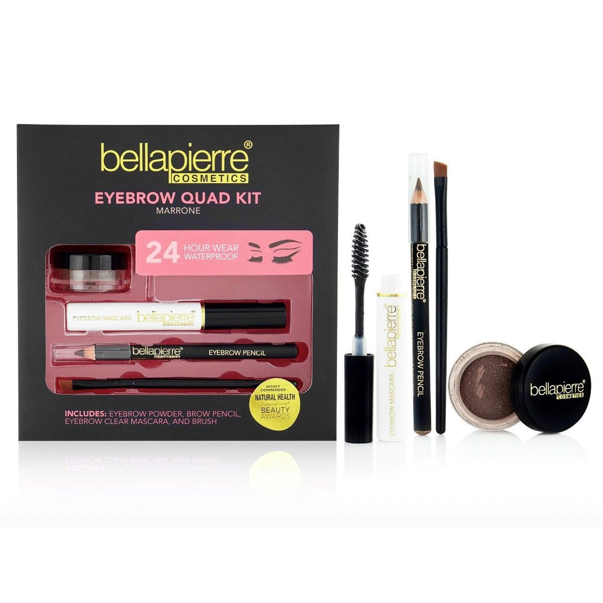Bellapierre Eyebrow Quad Kit Marrone is de complete eyebrow set bij uitstek. Poeder, Browpotlood, penceel en Fixatie gel in 1 set. Minerale make-up.